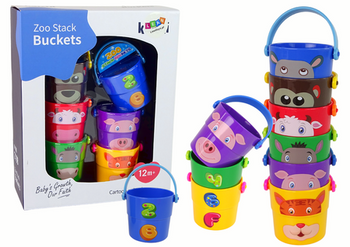 A set of colorful buckets with animals - a pyramid