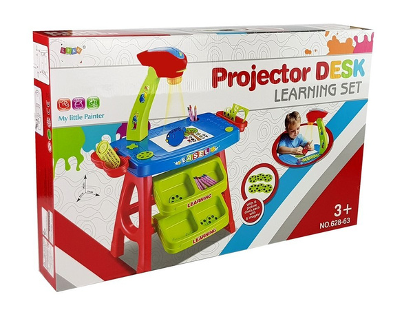 Pädagogischer Schubladentisch mit Projektor 36 Bilder Buntstifte Schablonen Blau und Rot