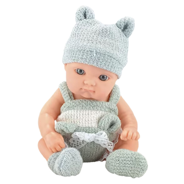 Babypuppe mit Decke, weiß-grauem Outfit, Mütze, 18 cm