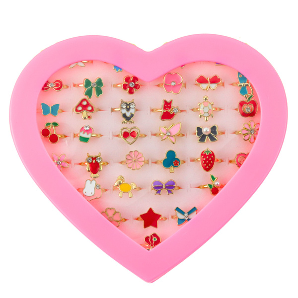 Set of Children's Rings Adjustable Various Heart Patterns 36 pcs.