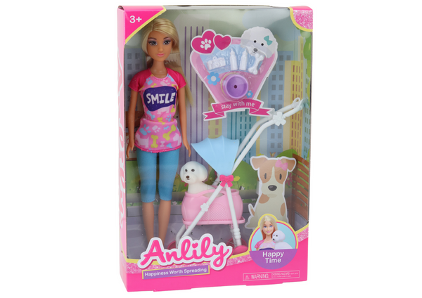 Anlily-Puppe mit einem Hund im Kinderwagen, Flaschenschüssel, Knochenapparat