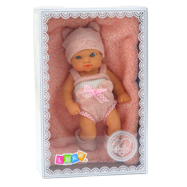 Babypuppe mit Decke, weiß-rosa Kleidung, Mütze, 18 cm