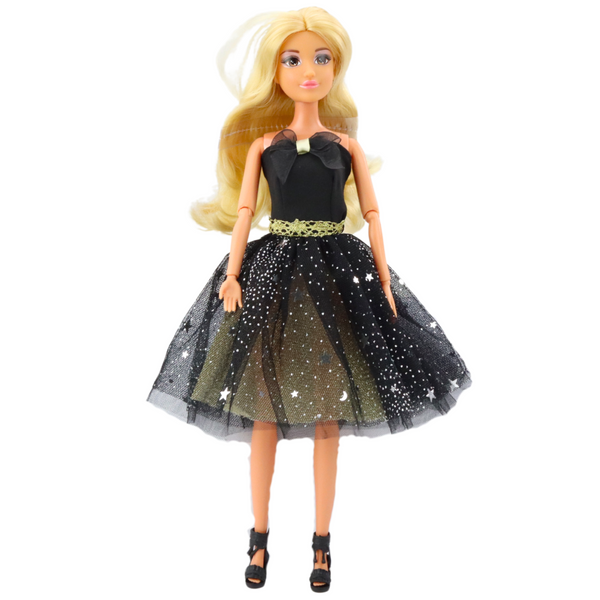 Anlily Puppe Ballkleid Schwarz und Gold Bewegliche Gliedmaßen Blondes Haar