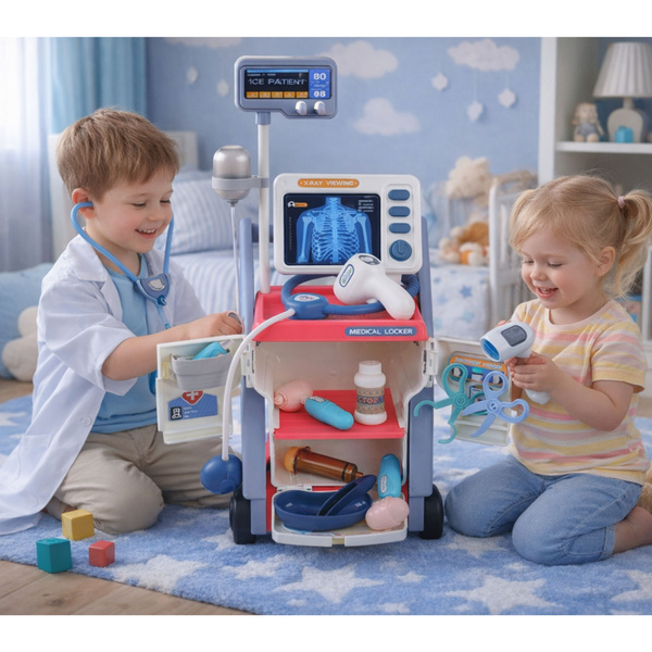 Arztkoffer für kleine Doktoren, medizinischer Wagen, Röntgen, EKG, Lampen, Rosa, 16-teilig.