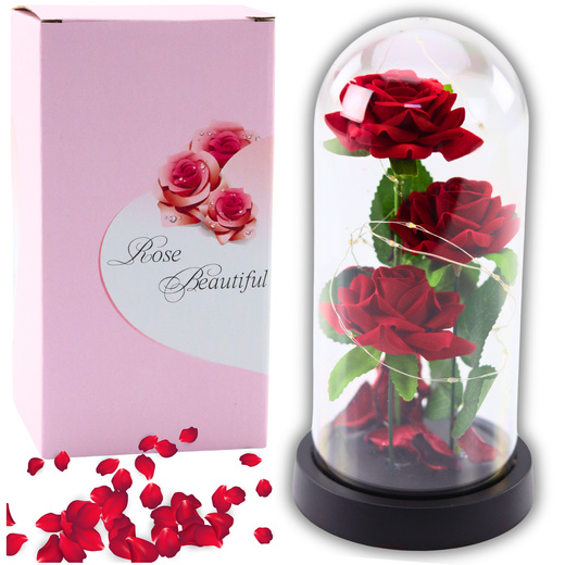 Eternal Roses in Dome with LED Lighting and Rose Petals Red 21x11cm