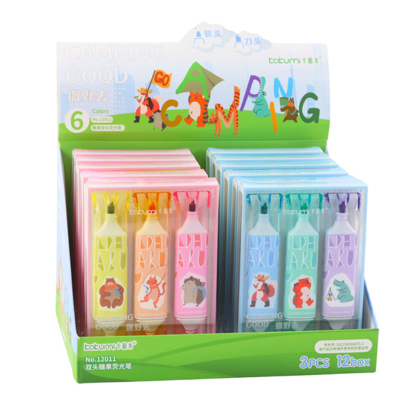 Highlighter Set Pink Blue Animal Motif Two Tips 3pcs