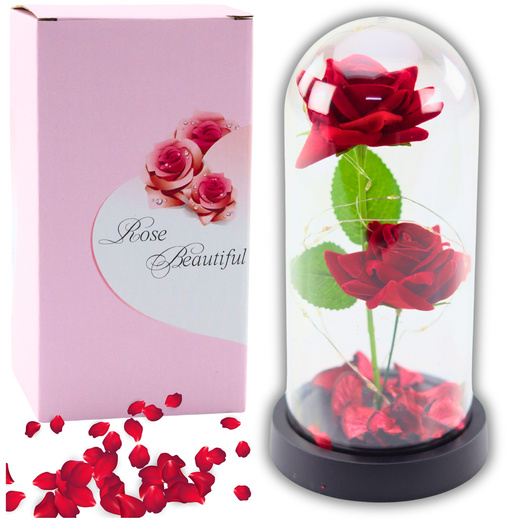 Eternal 2 Roses in Dome with LED Lighting and Rose Petals Red 21x11cm
