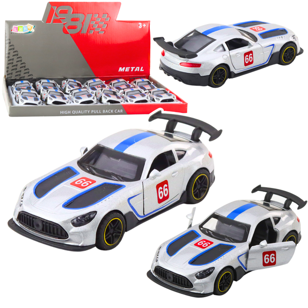 Metal Race Car with Opening Doors, Silver, 1:43