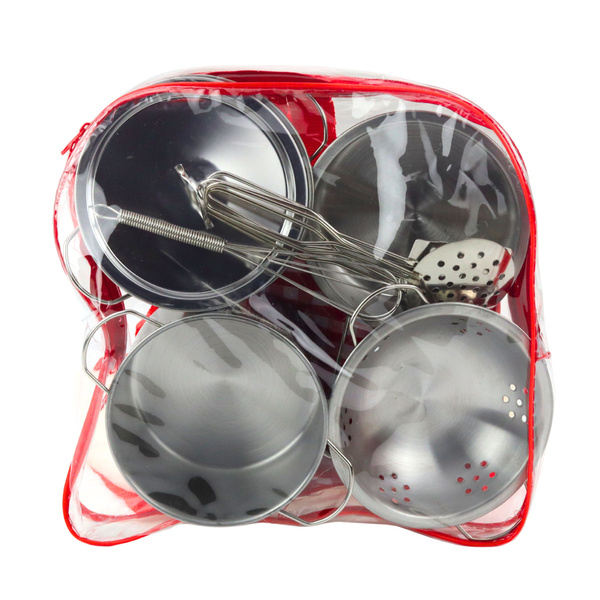 Set of kitchen utensils in a backpack - metal pots and spoons, 12 pieces.