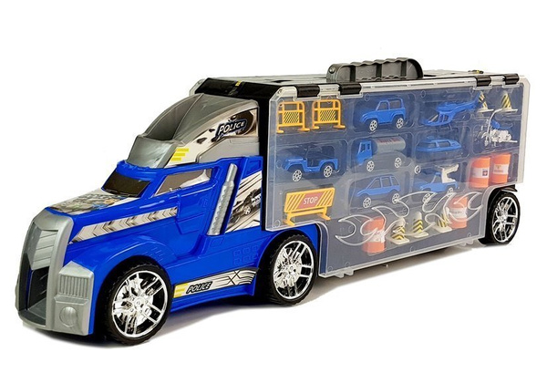 Truck with cars. Police. Garage. Suitcase. Game board
