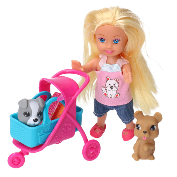 Mini Doll Stroller Carrier Dogs Set Gray Brown