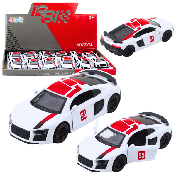 Sportwagen aus Metall, Rückziehfunktion, Lichter, Sounds, Weiß, 1:43