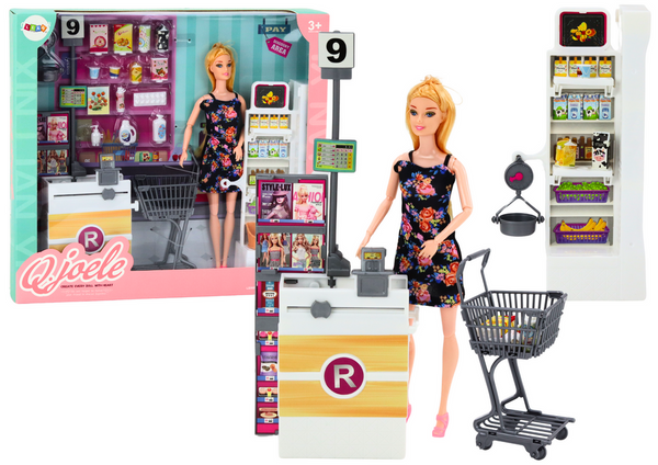 Set Puppe in Supermarktregalen Einkaufswagen Lebensmittel