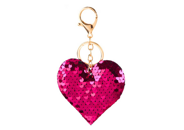 Heart Keychain Sequins Double-Sided Silver Dark Pink
