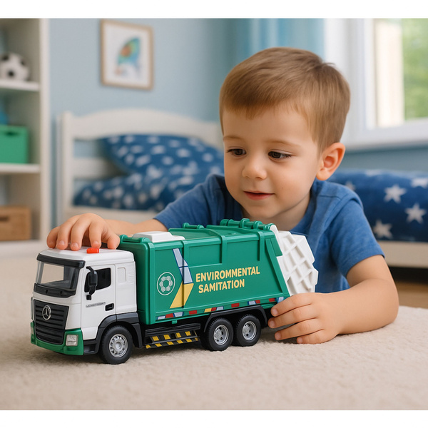 Garbage Truck For Kids Metal Cabin Bin Lights Sounds Green