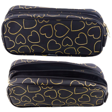 School Office Pencil Case, Two-Compartment, Golden Hearts, Black, 23.5x10 cm