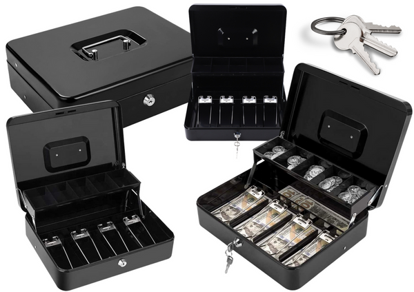 Banknotenbox aus schwarzem Metall, Münzen mit Schlüssel
