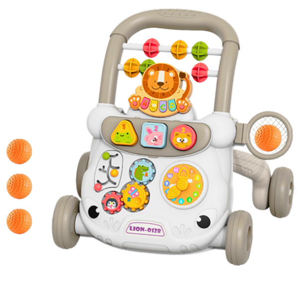 Pädagogischer Lauflernwagen Interaktive Schiebeblöcke Uhr Zahnräder Grau