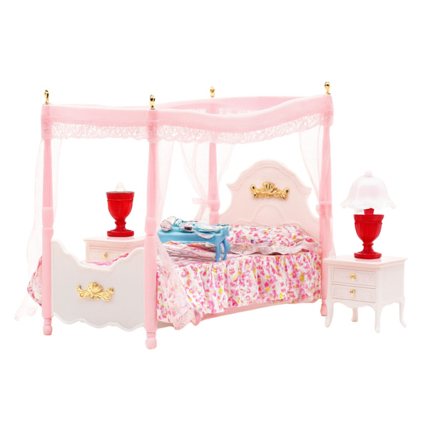 Doll Furniture Set: Canopy Bed, Nightstands, Lamps