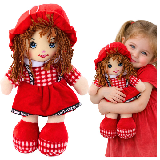 Stoffpuppe, Kuscheltier, kariertes Kleid, rot, 35 cm