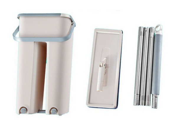 Flacher Wischmopp mit Zweikammereimer und 2 Mikrofasereinsätzen