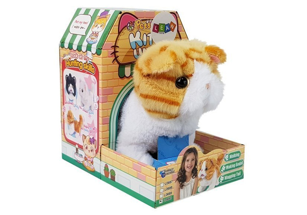 Interaktive weiß-rote Katzenwanderungen wedeln mit dem Schwanz an Batterien