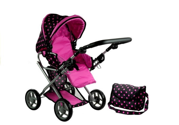 Doll Bogie and Stroller Alice- with Carrier, Bag and Bedding Black with Pink Dots