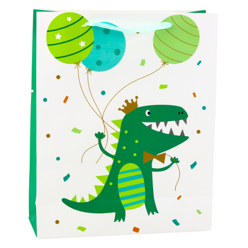 Dinosaur Gift Bag With Balloons White Green 32 x 26 x 10cm