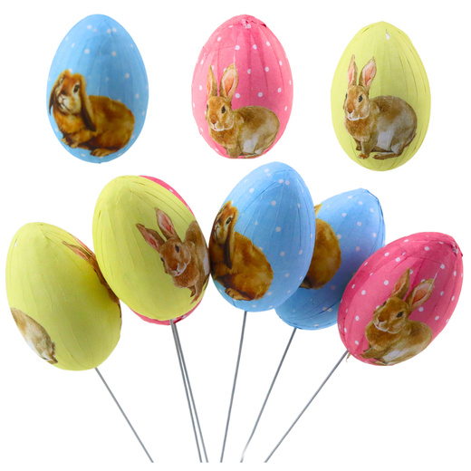 Easter Eggs On A Wire Pick Colorful With Bunnies Decoration 6pcs