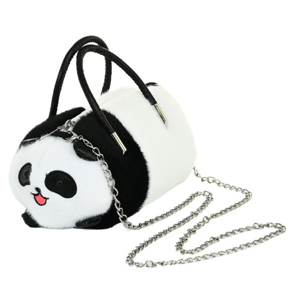 Plush Panda Bag Handles Metal Chain Black White 20cm