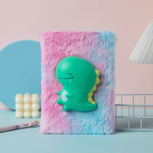 Plush Notebook Lined With Green Dinosaur 3D Colorful