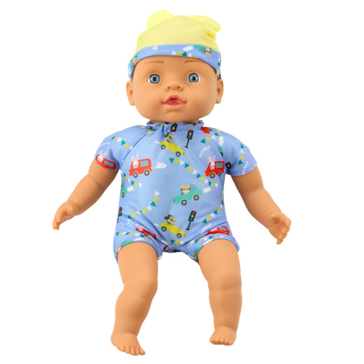 Babypuppe Blaue Kleidung mit Mustern Mütze mit Ohren 31cm