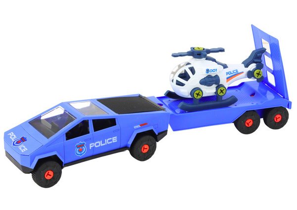 Modernes Auto-Set mit einem Hubschrauber und einem Abschleppwagen zum Selbstabbauen in Blau