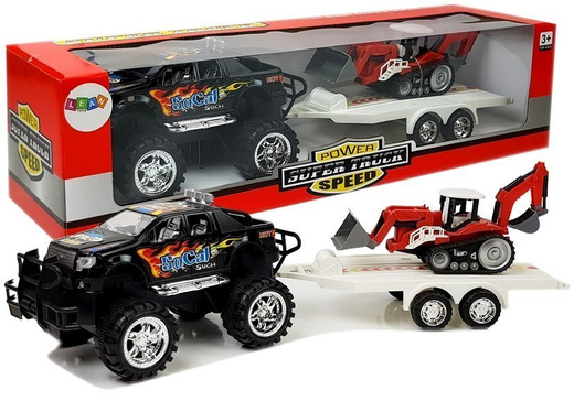 Set of Vehicles with Friction Off- road Car Black and Excavator 
