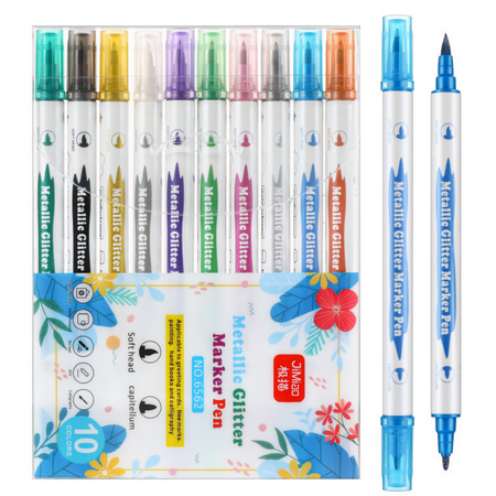 Set of Metallic Glitter Markers, Colored, Double-Sided, 10 Pcs