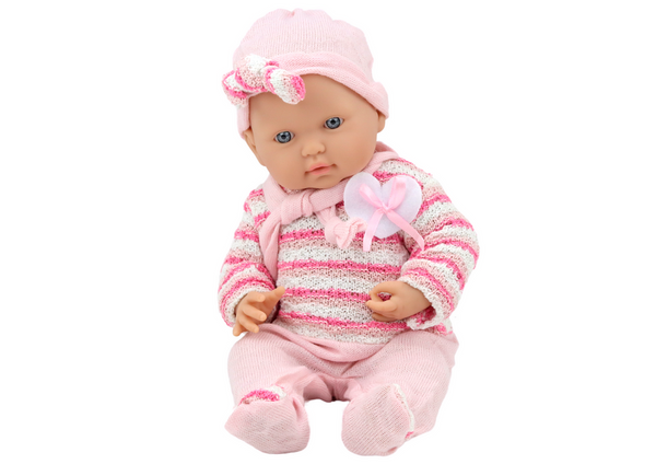 Baby doll, striped sweater, hat, scarf, pink