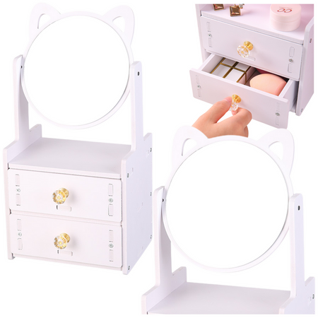Mini Dressing Table Makeup Mirror Two Drawers Ears Wooden White