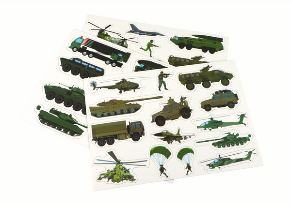 A set of educational magnetic puzzles with a land war motif
