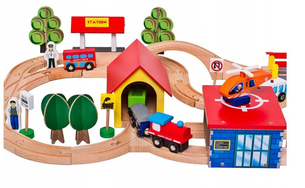 Wooden Train Track Cars Trees Buildings
