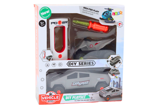 Set aus modernem Auto mit Quad zum Zerlegen zum Selbermachen, Grau