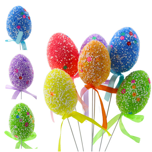 Easter Eggs On A Wire Pick Colorful White Patterns Ribbon Decoration 6pcs