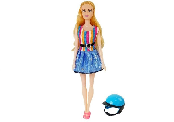 Set Puppe mit Rollerhelm, langes Haar, rosa