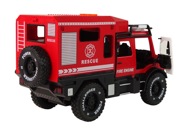 Geländewagen-Feuerwehr-rote öffnende Türen, Geräusche, Lichter