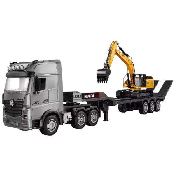 Ferngesteuerter RC-Bagger-LKW mit Sattelauflieger, Beleuchtung, Sound, Huina 1:18