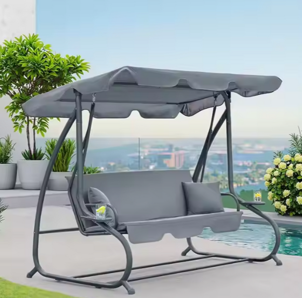 Four-person Garden Swing Rocking Chair Freestanding Canopy Gray