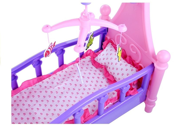 Large Doll's Bed with Mobile and Bedding, Pink and Purple, 48cm