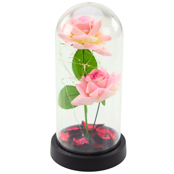 Ewige Rosen in einer Kuppel mit LED-Beleuchtung und rosa Rosenblättern 21x11cm