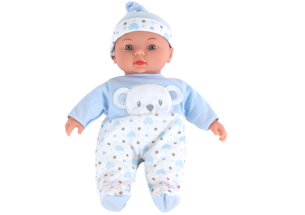 Baby doll, blue pajamas with teddy bear, hat, sounds
