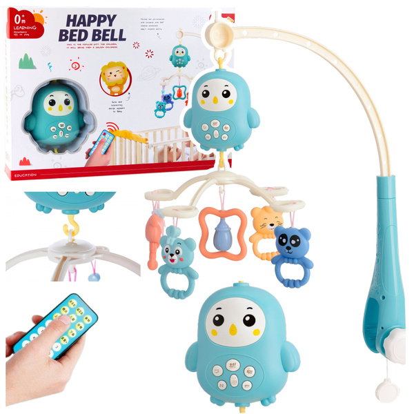 Babykarussell-Spieluhr mit Lampe, Rasseln, Teddybären, blau