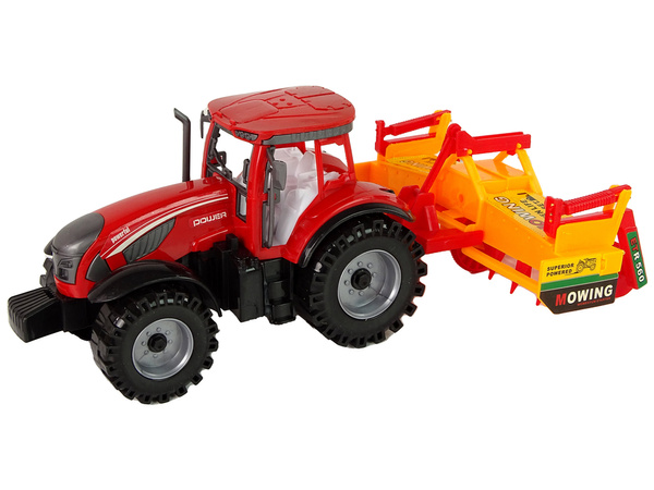 Roter Traktor mit orangefarbenem Grubberantrieb